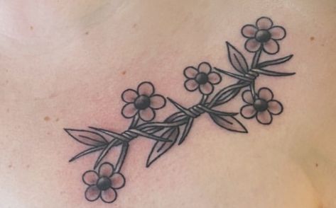 barbed wire mixed with vine and flowers Barbed Wire Flowers Tattoo, Barbed Wire Sunflower Tattoo, Flower And Barbed Wire Tattoo, Barb Tattoo Wire, Barb Wire And Flowers Tattoo, Flower Barbed Wire Tattoo, Barbed Wire And Vine Tattoo, Barbed Wire Tattoo With Flowers, Barb Wire With Flowers Tattoo