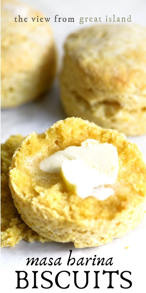 These tender fluffy masa harina biscuits are everything! They’re kind of a cross between a classic biscuit and a corn muffin, and the perfect accompaniment to chilis, soups, and stews of all sorts. #buscuits #masa #masaharina #cornmeal Biscuits Without Milk, Cornmeal Biscuits Recipe, Corn Flour Recipes, Masa Recipes, Flour Biscuits, Corn Muffin, The View From Great Island, Corn Meal, Corn Flour