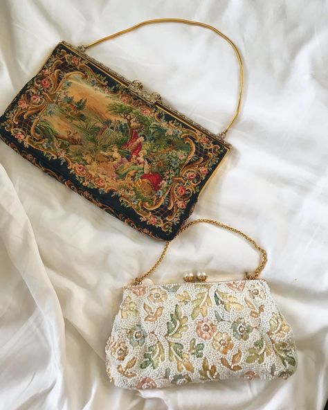 Vintage purses, beaded purse, needlepoint, French needlepoint, 1950s purse, vintage bag, vintage clutch, 1960s purse, handbag, vintage embroidery, vintage fashion, vintage aesthetic, aesthetic purse Vintage Beaded Purse, Vintage Beaded Bag, Cute Crochet Clothing, Cottage Core Grandma, Victorian Purses, Purse Aesthetic, Embroidery Purse, Prom Bag, Ornate Jewelry