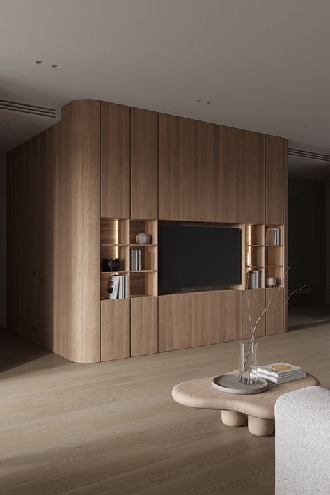 Curved Cabinets, Japandi Living Room, Japandi Living, Apartment Projects, Curved Walls, Tv Wall Unit, Tv Wall Design, Tv Units, Minimalist Interior Design