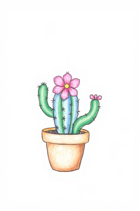 Check Out This Cute Cactus Drawing & 12+ Other Cactus Drawing Ideas! #drawinginspiration #drawing Cute Cactus Drawing Simple, Cacti Drawing Simple, Cute Cactus Drawing, Coffee Cup Drawing, Tulip Drawing, Pikachu Drawing, Baby Cactus, Wave Drawing, Cactus Drawing