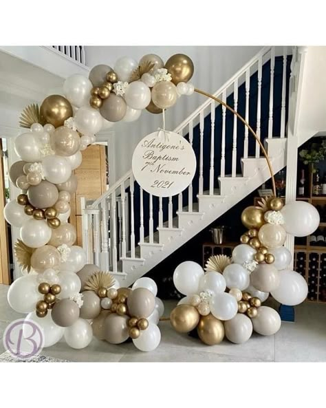 Good And White Balloon Arch, Balloon Arch Rustic, 70th Balloon Arch, Balloons On Round Arch, White Cream And Gold Balloon Arch, Rustic Balloon Backdrop, Half Moon Balloon Arch, Ballon Arch With Round Backdrop, Balloon Arch Inspiration