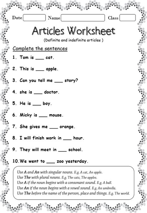 Indefinite And Definite Articles, Use Of Articles, Indefinite Articles, Definite And Indefinite Articles, Article Grammar, Articles Worksheet, Articles For Kids, Worksheets For Class 1, English Worksheets For Kindergarten