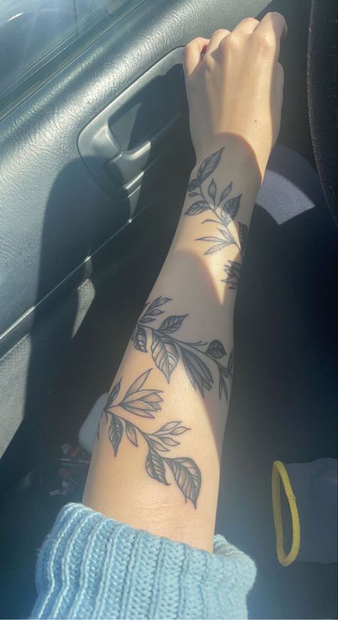 Wrap Around Arm Tats, Grandma Arm Tattoo, Half Sleeve Vine Tattoos For Women, Rap Around Vine Tattoo Arm, Vine Leaves Tattoo Arm, Wrap Forearm Tattoo Women, Initial Cover Up Tattoo, Forearm Tattoo Women Leaves, Floral Vine Wrapped Around Arm Tattoo