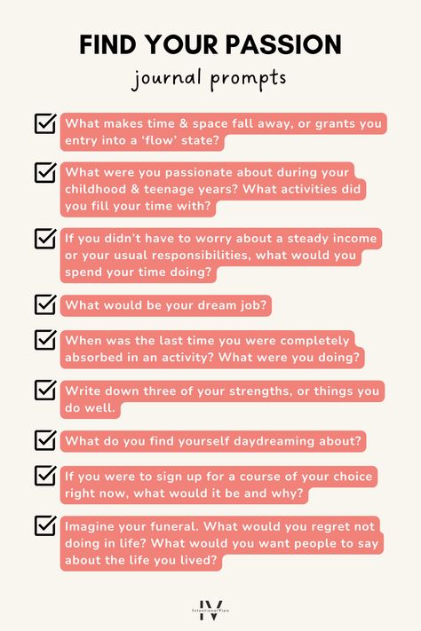 What inspires you and makes you get out of bed in the morning? These 9 journal prompts to find your passion are a great way to get to know yourself at a deep level and work out what makes you tick! Read more on how to embrace creativity on the blog. 🌱 Journal Prompts For Finding Your Passion, How To Do Journal Writing, Passion Ideas Inspiration, Journal To Know Yourself, Journaling To Find Yourself, How To Get Inspired, How To Know Yourself, How To Get To Know Yourself, How To Find Yourself