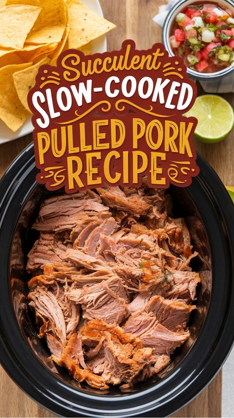 Succulent slow-cooked pulled pork in a crockpot with chips and salsa. Slow Cook Pulled Pork Recipe, Pork Tenderloin Slow Cooker, Tenderloin Slow Cooker, Savory Pulled Pork, Pulled Pork Crockpot, Pulled Pork Slow Cooker, New Years Eve Recipes, Pork Slow Cooker, Pork Crockpot