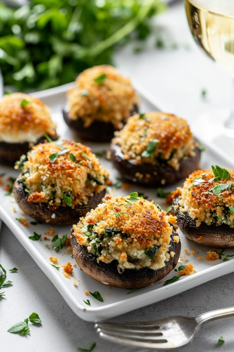 Savour Mediterranean Flavours: Portobello Mushrooms Stuffed with Spinach and Ricotta Recipe #mediterraneandiet Mushroom Sides For Steak, Healthy Canapes, Mushroom Stuffed, Smoked Stuffed Mushrooms, Stuff Mushrooms, Ricotta Stuffed Mushrooms, Stuffed Portobello Mushroom Recipes, Mushroom Recipes Vegetarian, Stuffed Button Mushrooms