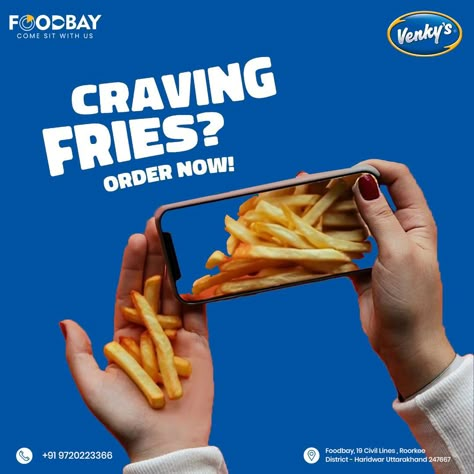 Indulge in crispy perfection with Venky's Potato Fries at FoodBay - where every bite is a tantalizing symphony of flavor and crunch. Elevate your snacking experience to a whole new level! call us: +919720223366 Reach Us: Food Bay 19, Haridwar Rd, Civil Lines, Roorkee, Uttarakhand 247667 #foodie #foodlove #chickenfried #burgrill #Zomato #foodislife #chickendish #burgertime #burgerlove #FoodOffers #tastebuds #FoodieDeals #FoodieDestination #iitroorkee #iit #foodbay #roorkee #newyear #food #... Winter Food Creative Ads, Burger Instagram Feed, Food Delivery Ads, Food Creative Post, Food Advertising Design, Food Marketing Design, Fast Food Advertising, Food Commercial, Food Creatives