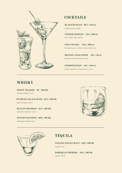 Design your Bar Cocktails sketches Menu with free editable templates! ⭐️ Benefit from a vast collection of 30K+ professionally-made layouts and create your impressive designs. Bar Menu Card Design, Cocktail List Menu Design, Cocktail Menu Design Templates, Cafe Drink Menu Design, Carte Menu Restaurant Design, Cocktail Card Design, Cocktail Bar Menu Design, Cocktail List Menu, Cocktail Menu Design Ideas