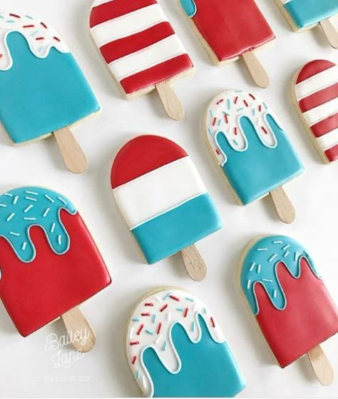 Popsicle Cookies, Cookies 4th Of July, Fourth Of July Cookies, Summer Sugar Cookies, 4th Of July Cookies, Cookies Summer, Patriotic Cookies, Royal Cookies, Flooding Cookies