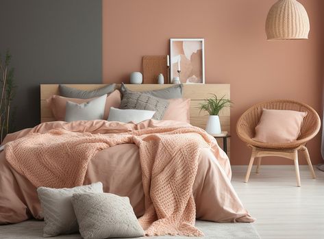 Peach Room Ideas - Pantone Colour Of The Year 2024 | Checkatrade Peach Colour Bedroom, Peach Color Home Decor, Peach Master Bedrooms Decor, Grey And Peach Living Room, Peach And Grey Bedroom, Peach Color Room, Peach Room Ideas, Peach Room, Peach Bedroom Ideas