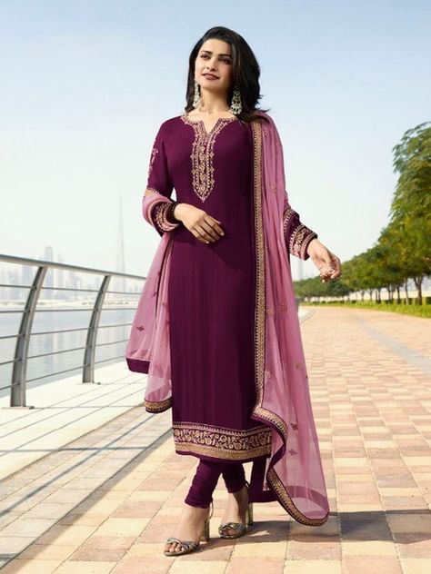 Wine Colour Suit For Women, Wine Colour Combination, Wine Colour Suit, Wine Suit, Prachi Desai, Wine Colored Dresses, Wine Colour, Straight Suit, Wine Purple