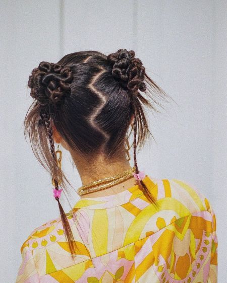 Y2k Chopstick Hair, Star Buns Hair, Bubble Braid Space Buns, 90s Space Buns, Space Buns Braids, Magical Hairstyles, Star Hairstyle, Crazy Braids, Two Buns Hairstyle