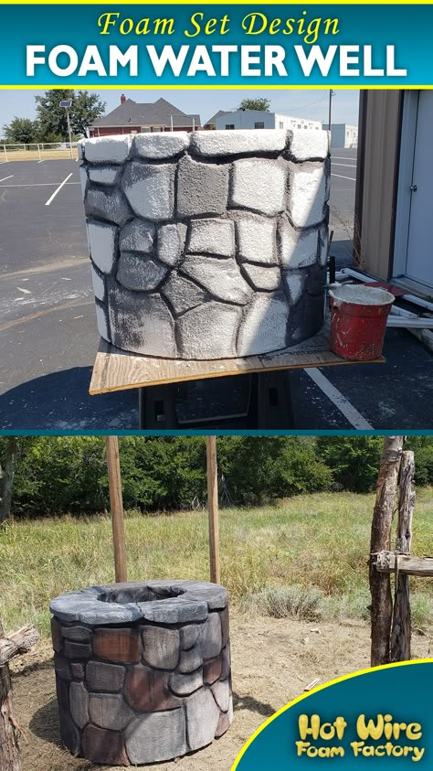 This detailed water well was made out of foam by Capernaum Studios for a client and coated with Exterior Foam Coat for protection. #waterwell #propdesign #setprops #styrofoam #capernaumstudios Wonka Party, Foam Props, Foam Carving, Foam Factory, Foam Art, Diy Props, Adornos Halloween, Candy Land Christmas Decorations Diy, Candy Land Christmas Decorations Outdoor