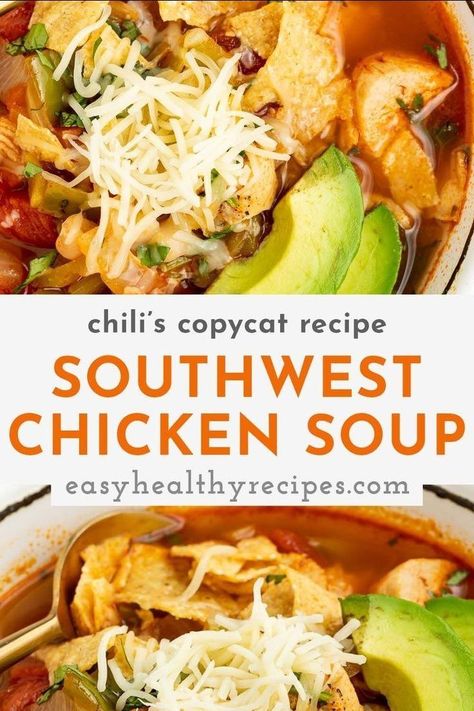 This Chili's southwest chicken soup is easy to make at home with just one pot! Loaded with flavor and fresh ingredients, this soup will quickly become one of your family favorites. Chilis Southwest Chicken Soup, Southwest Soup, Southwestern Soup, Chilis Copycat Recipes, Southwestern Chicken Soup, Southwest Chicken Soup, Southwestern Chicken, Southwestern Recipes, Chicken Soup Recipe