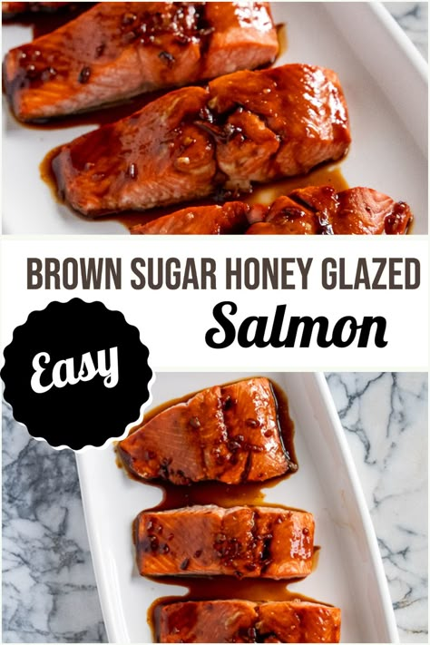 Brown Sugar Honey Glazed Salmon - with only 5 ingredients and ready in under 15 minutes, this is your go to weeknight salmon recipe! Salmon is brushed with a sweet glaze and then broiled to perfection. Everyone will love this easy glazed salmon recipe! Easy Glaze For Salmon, Honey Glazed Salmon Recipes Baked, Smoked Honey Salmon Recipes, Sweet Glaze For Salmon, Bbq Glazed Salmon, Easy Honey Glazed Salmon, Honey Salmon Glaze, Grilled Honey Glazed Salmon, Salmon Tails Recipe