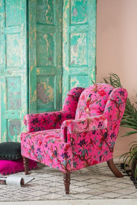 Fuchsia Tree of Life Velvet Armchair                      – Ian Snow Ltd Ian Snow, Floral Chair, Free Furniture, Funky Furniture, Velvet Armchair, Bird Of Paradise, Sofas And Chairs, Living Design, Cool Furniture