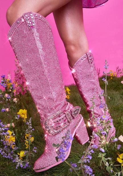 Cowgirl Halloween Costume, High Cowboy Boots, Princess Coquette, Cosmic Cowgirl, Cowgirl Festival, Knee High Cowboy Boots, Cowgirl Halloween, Pink Cowboy Boots, Pink Cowgirl Boots