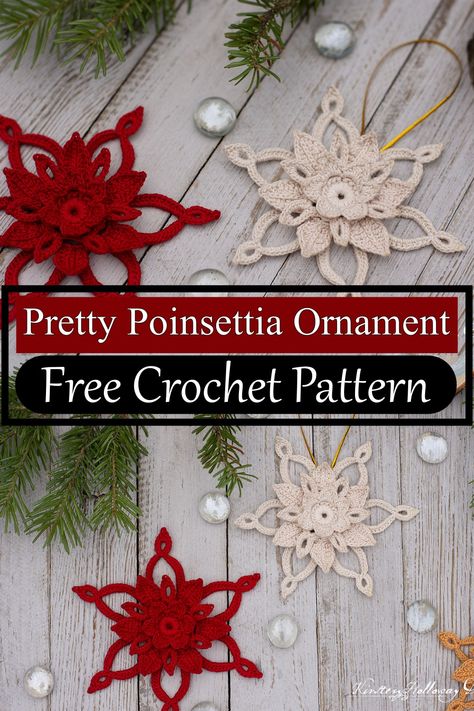 10 Easy And Free Crochet 3D Patterns Crochet Poinsettia, Crochet Ornaments Free Pattern, Crochet Christmas Ornaments Free Pattern, Crochet Thread Projects, Crocheted Ornaments, Holiday Crochet Patterns, Crochet Christmas Ornaments Free, Crochet Ornament Patterns, Crochet Snowflake