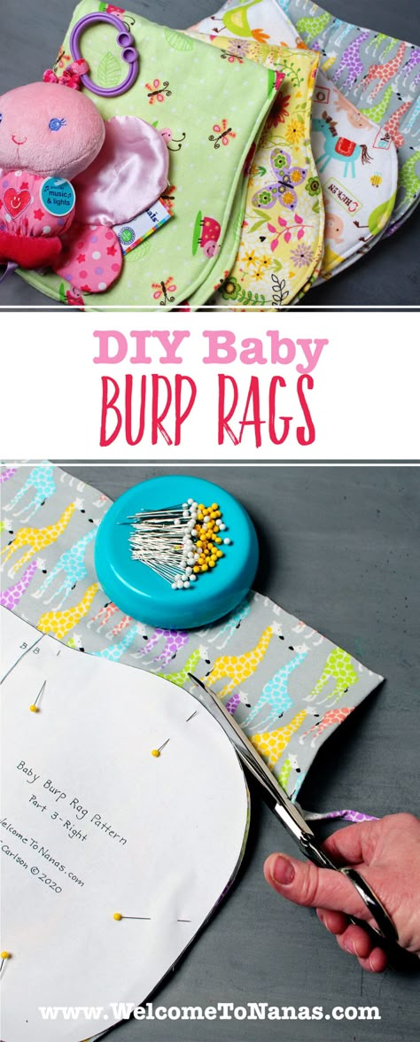 These soft and sweet burp cloths are made from a free printable pattern! Turn some adorable felt fabric into a perfect gift for a new baby with an easy-to-sew craft project! #Welcometonanas #SewingPattern #BurpRag Pattern For Burp Cloths, Terry Cloth Burp Cloths Diy, Baby Sewing Projects For Beginners, Easy Baby Gifts To Sew, Baby Things To Make, Sew Baby Gifts, Diy Newborn Gifts, Bib Sewing Pattern Free, Handmade Baby Gift