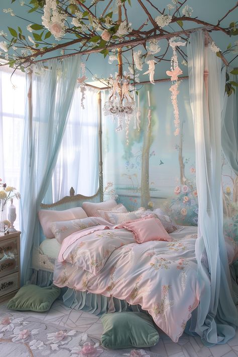 Transform Your Bedroom into a Fairy-Tale Retreat: Magical Decor Ideas Jewel Bedroom, Coquette Garden, Fairy Garden Bedroom, Fairycore Bedroom, Fairytale Room, Academia Coquette, Fairy Dollhouse, Fairytale Bedroom, Forest Bedroom