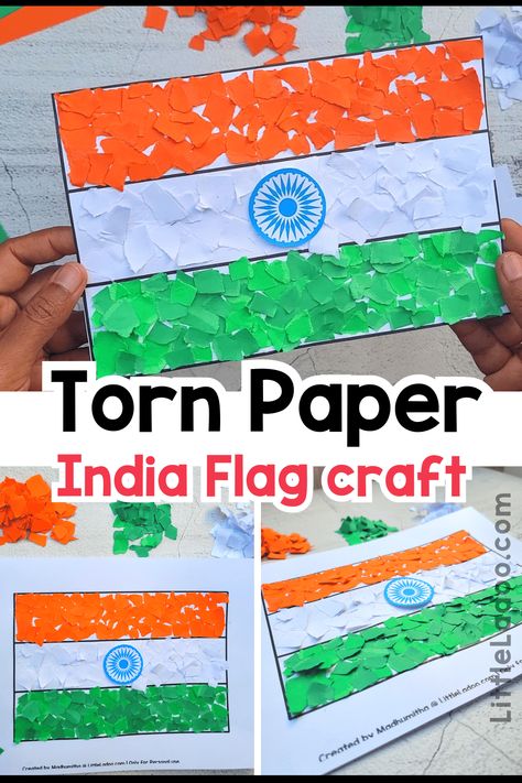 Torn Paper India Flag Craft Independence Day Preschool Crafts, International Day At School Ideas India, Republic Day Activity For Kindergarten, Flags Preschool Activities, Indian Flag Craft For Kids, Flag Activity For Preschool, Culture Crafts For Preschool, Independence Day Ideas For Kids, Independence Activity For Kids