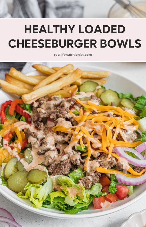 Try this healthy cheeseburger bowl for a delicious twist on traditional burgers. These burger bowls are packed with flavor and are perfect for meal prep. This recipe features a special sauce that makes it extra tasty. It's an easy lunch option or an easy weeknight dinner. You can make this loaded burger bowl salad as a 30 minute dinner. Enjoy loaded burger bowls as a healthy beef recipe for your next meal. Cheeseburger Bowl, Loaded Burger Bowls, Healthy Cheeseburger, Loaded Burger, Burger Bowl, Burger Bowls, Healthy Bowls Recipes, Healthy Beef Recipes, Healthy Burger