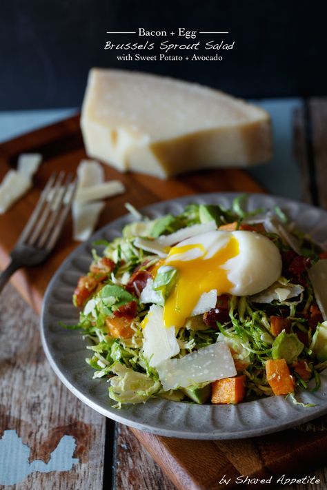 Bacon and Egg Brussels Sprout Salad with Sweet Potato and Avocado by @sharedappetite.  Gluten free and paleo friendly salad!  Perfect fall appetizer or winter appetizer! Sweet Potato And Avocado, Eggs And Sweet Potato, Winter Appetizers, Brussels Sprout Salad, Autumn Salad Recipes, Pastas Recipes, Potato Salad With Egg, Paleo Friendly Recipes, Sprout Salad