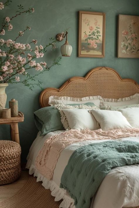 Spanish Bedroom, Boho Bedroom Furniture, Cottage Bedroom, Bedroom Green, Apartment Inspiration, Cozy Room, Room Inspiration Bedroom, Beautiful Bedrooms, Dream House Decor