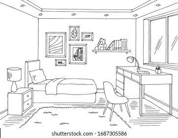 One Point Perspective Room, Room Perspective Drawing, Room Perspective, Perspective Room, Bedroom Illustration, 1 Point Perspective, Interior Design Sketchbook, Black White Home, Furniture Design Sketches