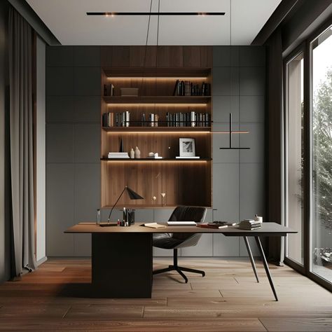 Elegant modern home office with dark grey walls, accented by warm wood paneling and sleek bookshelves. The central desk pairs with a black leather chair, framed by large windows showcasing outdoor trees. Minimalist design highlights natural lighting and contemporary style. Ideal for focused work and creative inspiration. Administrative Office, Law Office Design, Modern Contemporary Office, Bedroom Inspirations Minimalist, Industrial Office Design, Office Interior Design Modern, Grey Office, Contemporary Home Office, Kebaya Dress