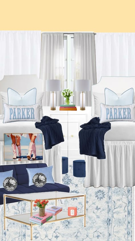 Black And White Dorm Room, Navy Dorm Room, Tcu Dorm, Clemson Dorm, Unc Dorm, Blue And White Dorm Room, Black And White Dorm, Lsu Dorm, Sorority House Rooms