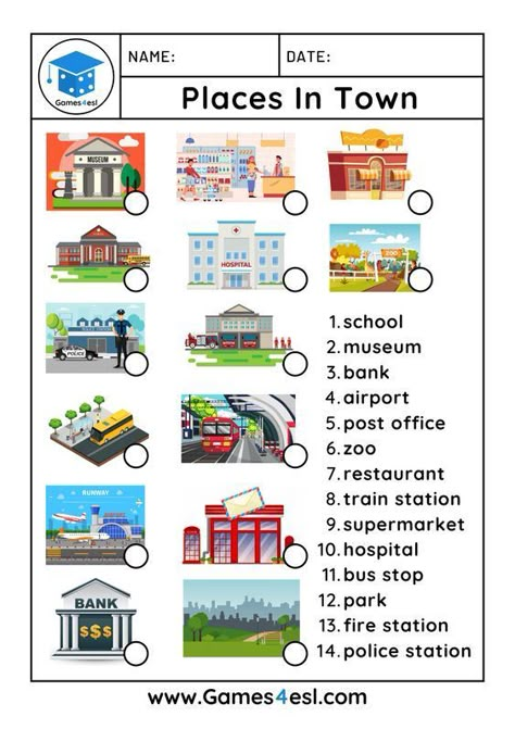 Here is a worksheet practicing different places in town for your ESL students. It's ideal for teaching kids and beginner ESL students learning about buildings and places in town. Places Worksheet, Community Places, English Teaching Materials, English Activities For Kids, English Worksheets For Kids, Kids English, English For Kids, Petite Section, English Lessons For Kids