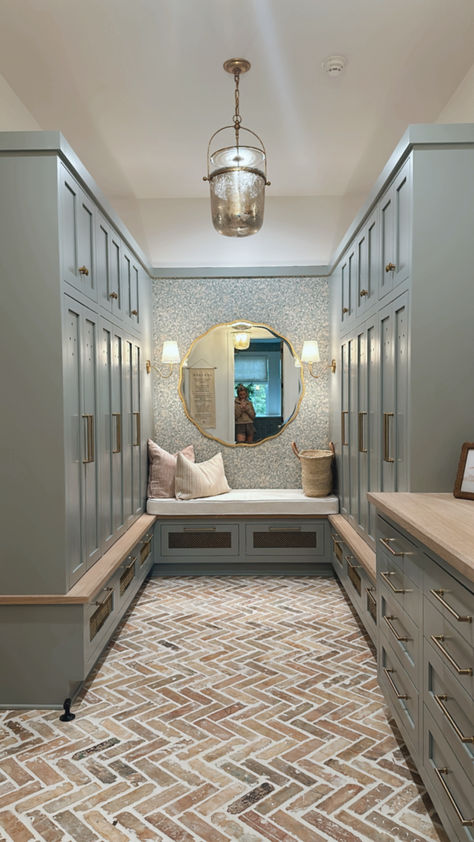 The mudroom is one of my favorite spaces in our home! I love the brick flooring and wallpaper details! Mudroom In Basement, Mudroom With Brick Floor, Laundry Room With Brick Floor, Mud Room Floor Ideas, Large Mud Room, Large Mudroom, Brick Floors, Small Mudroom Ideas, Farmhouse Mudroom