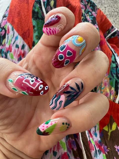 Gorgeous spring nails with floral, abstract and fun and bold color palette. Palm leaves island floral evil eye nail design by @delizguz Inspired by @jungalow #nailart #springnails #abstractnails #colorfulnails #evileyenails #springnails2023 Evil Eye Nail Design, Eye Nail Design, Patterned Nails, Evil Eye Nail, Nail Art 2023, Mix Match Nails, Evil Eye Nails, Abstract Nails, Abstract Nail