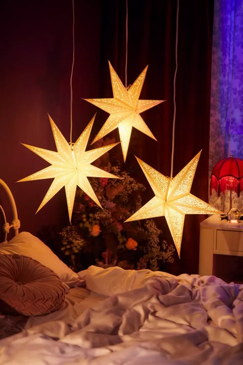 7-Point Star Paper Lantern | Urban Outfitters Christmas Star Aesthetic, Whimsigoth Board, Whimsigoth Christmas, Lanterns Bedroom, Star Lanterns, Star Paper, Star Lamp, Dorm Inspo, Back To College