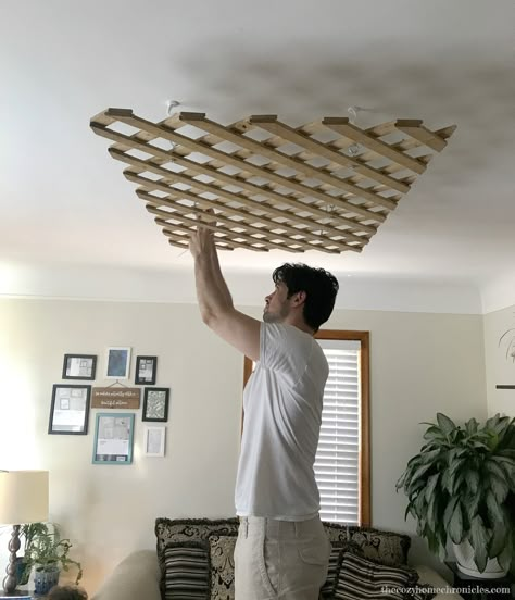 DIY Garden Lattice Light Fixture – THE COZY HOME CHRONICLES Garden Lattice, Wood Light Fixture, Studio Apartment Divider, Diy Light Fixtures, Wooden Ceiling, Studio Apartment Layout, Diy Ceiling, Small Studio Apartments, Studio Apartment Ideas