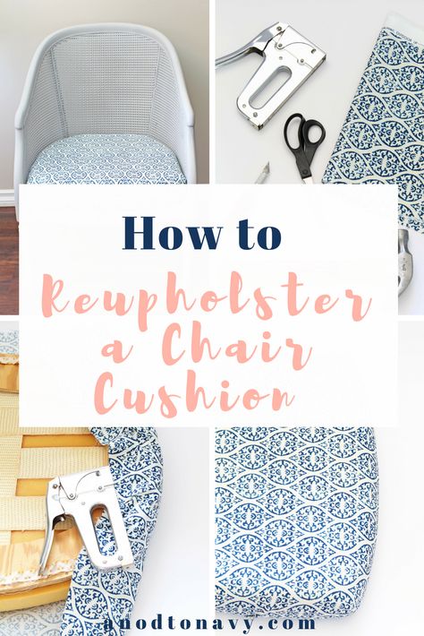 Thinking about getting rid of a chair because the fabric on it is outdated or damaged? Try this easy tutorial on how to reupholster a chair cushion. #furnituremakeover #howtoreupholsterfurniture #cottagestyle #coastalstyle #farmhousestyle #wickerfurniture #aquafurniture #bluefurniture #DIYfurniturehacks #chalkpaintfurniture Reupholster Chair Cushion, Thrift Store Diy, French Dining Chairs, Reupholster Chair, Reupholster Furniture, Waverly Fabric, Comfortable Office, Blue Furniture, Diy Furniture Hacks