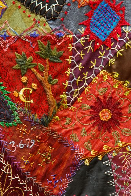 SOLD! | Detail From My Crazy Quilt, which sold tday, For $70… | Flickr Crazy Quilt Templates, Crazy Quilts Patterns, Crazy Quilt Stitches, Patchwork Embroidery, Crazy Quilt Blocks, Quilting Templates, Crazy Patchwork, Hand Embroidery Patterns Flowers, Crazy Quilting