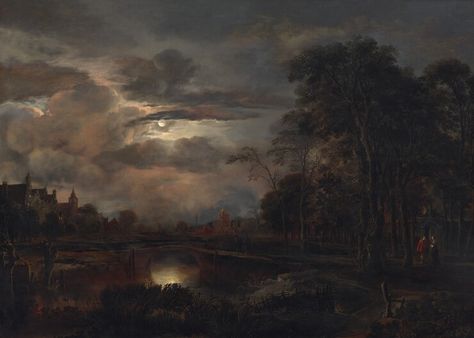 Moonlit Landscape with Bridge Landscape With Bridge, Moonlit Landscape, Night Scenes, Moonlight Painting, Dutch Golden Age, Night Landscape, Dutch Painters, National Gallery Of Art, Happy Paintings