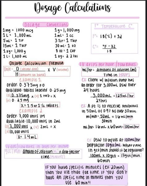 Dosage Calculations #nursingstudent #nurse #resources - Image Credits: olivia Insulin Chart Nursing Cheat Sheets, Veterinary Medical Math, Dose Calculation Formulas, Pharmacy Tech Cheat Sheets, Pharmacy Math Cheat Sheets, Lpn Notes Cheat Sheets, Cma Study Notes, Med Calculations Nurses, Pharmacy Notes Pharmacists