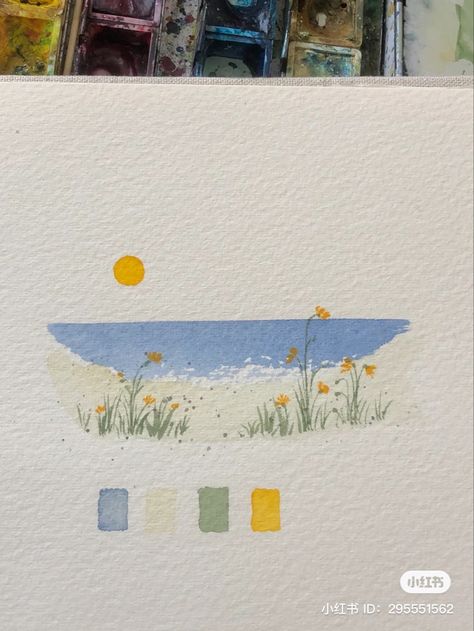 Easy Watercolor Canvas Painting, Random Watercolor Paintings, Water Colour Aesthetic Easy, Simple Ocean Watercolor, Art Inspo Beginner, Gouache Art Step By Step, Simple Aesthetic Watercolor Paintings, Watercolor Art For Beginners Aesthetic, Basic Watercolor Painting Ideas