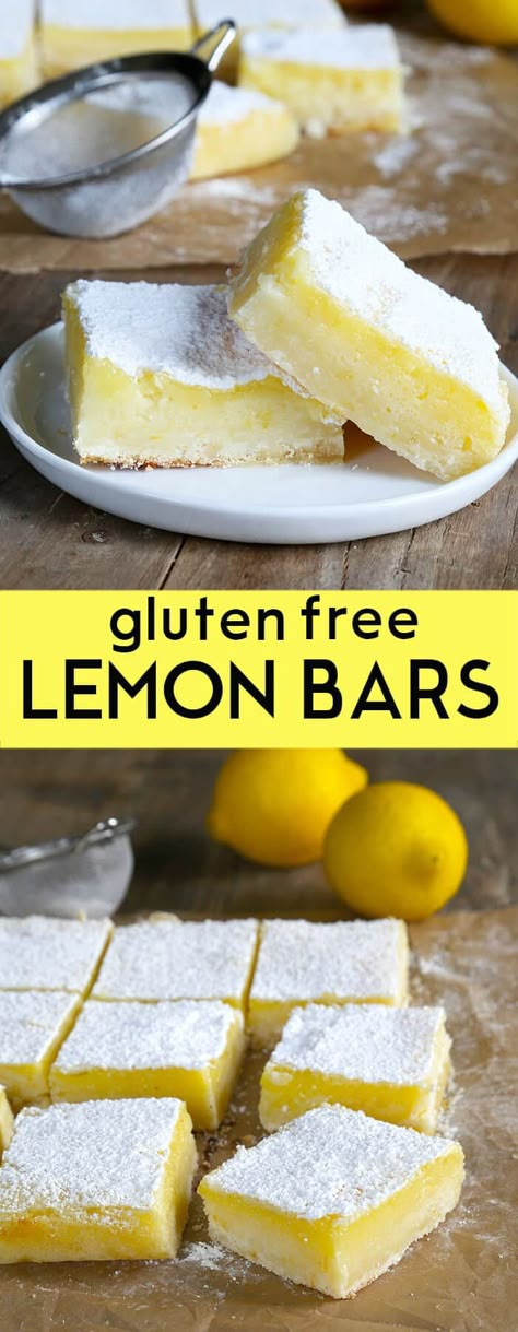 A simple lemony shortbread crust with a tart, refreshing lemon custard, these gluten free lemon bars are so easy to make. Perfect for any potluck! https://glutenfreeonashoestring.com/gf-lemon-bars-for-dad-plain-lemons-for-me/ Lemon Bars Gluten Free Dairy Free, Gluten Free Lemon Bars Recipe, Simple Gluten Free Meals, Glutenfri Baking, Gluten Free Lemon Bars, Dessert Oreo, Lemon Bars Recipe, Lemon Bar, Lemon Custard