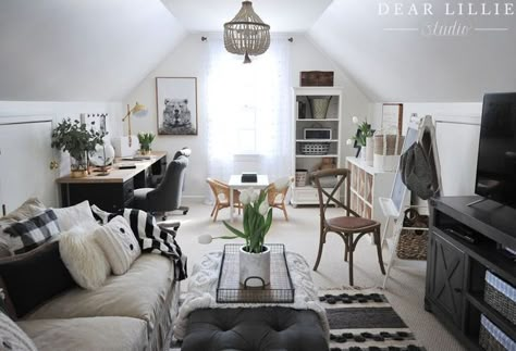 Bonus Room Decorating, Neutral Family Room, Bonus Room Office, Attic Design Ideas, Bonus Room Design, Room Above Garage, Dear Lillie, Attic Design, Attic Bedrooms