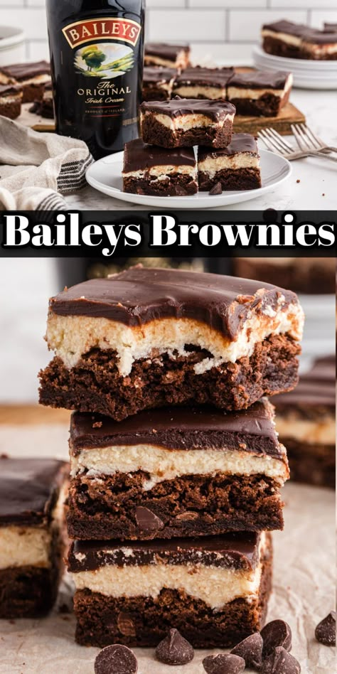 Baileys Brownies are dense and moist with boozy flavor. The layers of brownie, buttercream, and ganache make these brownies oh so addictive! Boozy Brownies, Baileys Brownies, Bailey Brownies, Baileys Recipes, Boozy Desserts, Layered Desserts, Brownie Ingredients, Baileys Irish Cream, Baking Tins