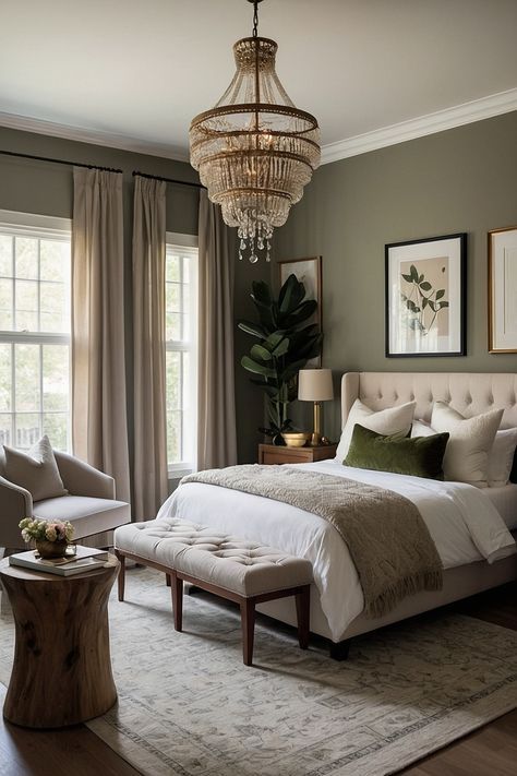 Bedroom Design Green Walls, Master Bedrooms Decor Unique, Small Master Bedrooms Decor Green, Modern Luxury Bedroom Master Suite Interior Design, Green Guest Bedroom Ideas, Green Main Bedroom, Dark Green And Beige Bedroom, Bedroom Ideas Grey Carpet, Greenery Bedroom Ideas