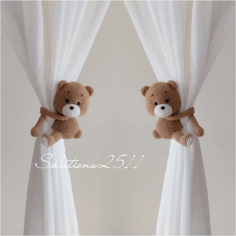 Teddy Bear Crochet Curtain Tie Backs, Teddy Bear Tie Backs, Nursery Curtain Tie Backs, made to Order - Etsy Teddy Bear Curtain Tie Backs, Neutral Teddy Bear Nursery, Teddy Bear Themed Nursery, Baby Boy Teddy Bear Nursery, Nursery Curtains Neutral, Teddy Bear Room Decor, Bear Nursery Boy, Crochet Curtain Tie Backs, Teddy Bear Baby Nursery