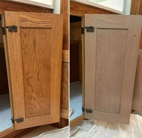 Weathered Oak Stain Cabinets, Lighten Oak Cabinets Without Paint, Tone Down Orange Wood Cabinets, Bleach Oak Cabinets, Tan Wash Cabinets, Bleached Wood Cabinets, How To Lighten Honey Oak Cabinets, White Washing Oak Cabinets, Stained Alder Cabinets