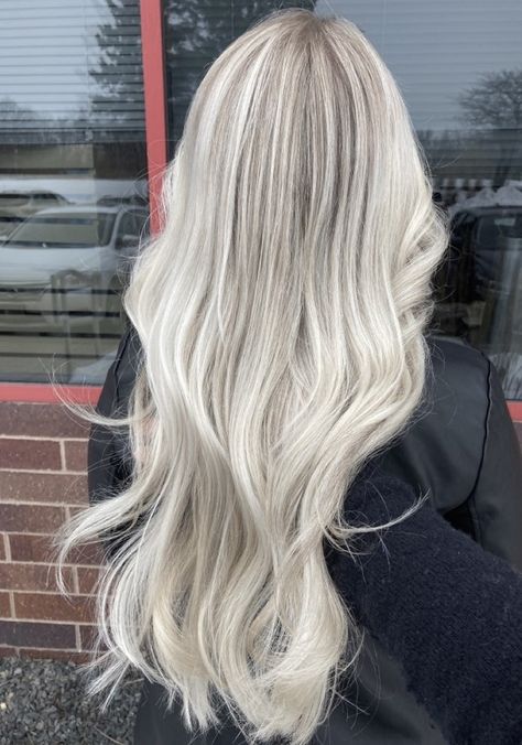 Icy Long Blonde Hair, Balayage White Blonde, Dimensional Blonde With Lowlights Fall, Platinum Blonde Full Head Highlights, Light Roots Blonde Hair, Full Head Ash Blonde Highlights, Icy Blonde Dimensional Hair, Balayage Hair Blonde Platinum, Platinum Blonde Highlights On Dark Hair With Lowlights