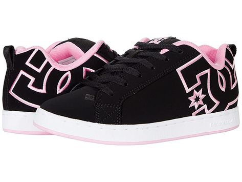 DC Court Graffik W - Women's Skate Shoes : Black/White/Pink : A modern classic, the DC Court Graffik W casual shoes deliver with a clean silhouette and bold logo detail. Casual sneakers with heavy-duty suede, sturdy action nubuck, or soft and resilient action leather upper for abrasion-resistance and durability. Foam-padded tongue and collar for added comfort and support. Textile lining offers breathability. Internal elastic tongue holders for added foot stability. Rubber cupsole with iconic pil Womens Dc Shoes, 2000s Dc Shoes, Cheap Shoes For School, Dc Shoes High Tops, Pink Dc Shoes Outfit, Dc Graffik Shoes, Mcbling Sneakers, Cute Affordable Shoes, Dcs Shoes